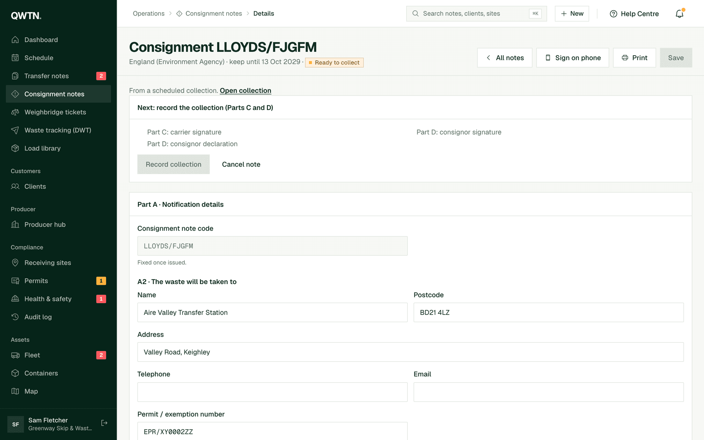 A hazardous waste consignment note in QWTN with producer, carrier and consignee sections