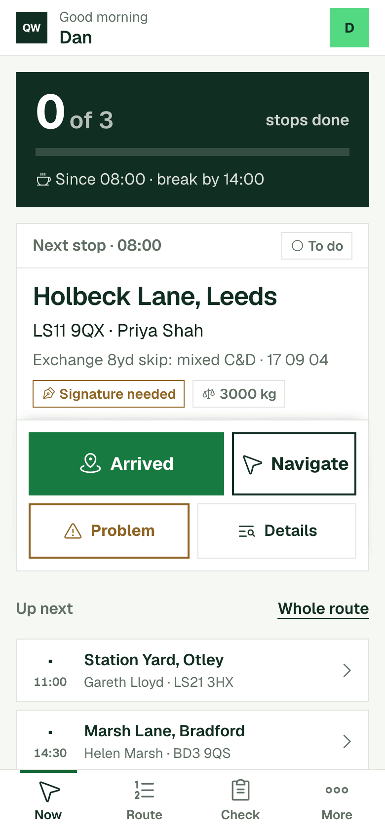 The driver app Now screen with the next stop and big Arrived and Navigate buttons