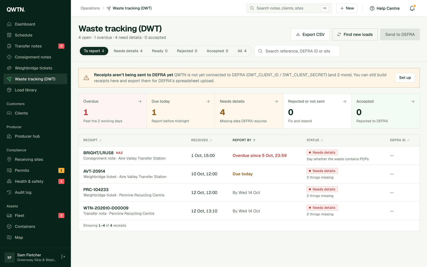 The digital waste tracking screen listing receipts with their submission status and deadlines