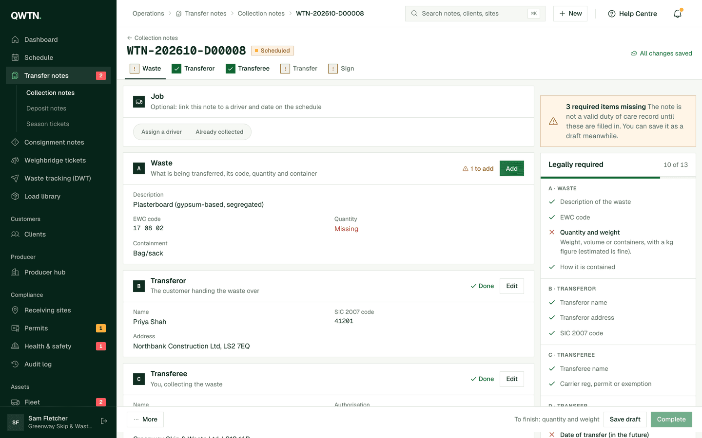 The transfer note editor: waste, transferor and transferee sections beside a checklist of every legally required item