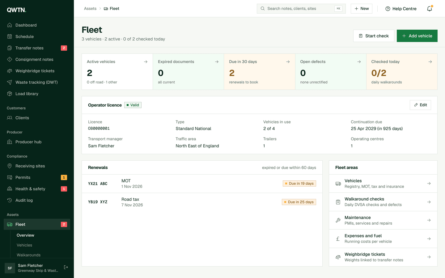 The fleet screen listing vehicles with MOT, tax and inspection due dates