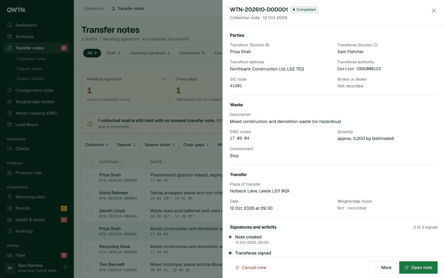 A completed transfer note: parties, waste, EWC code, place of transfer and signatures