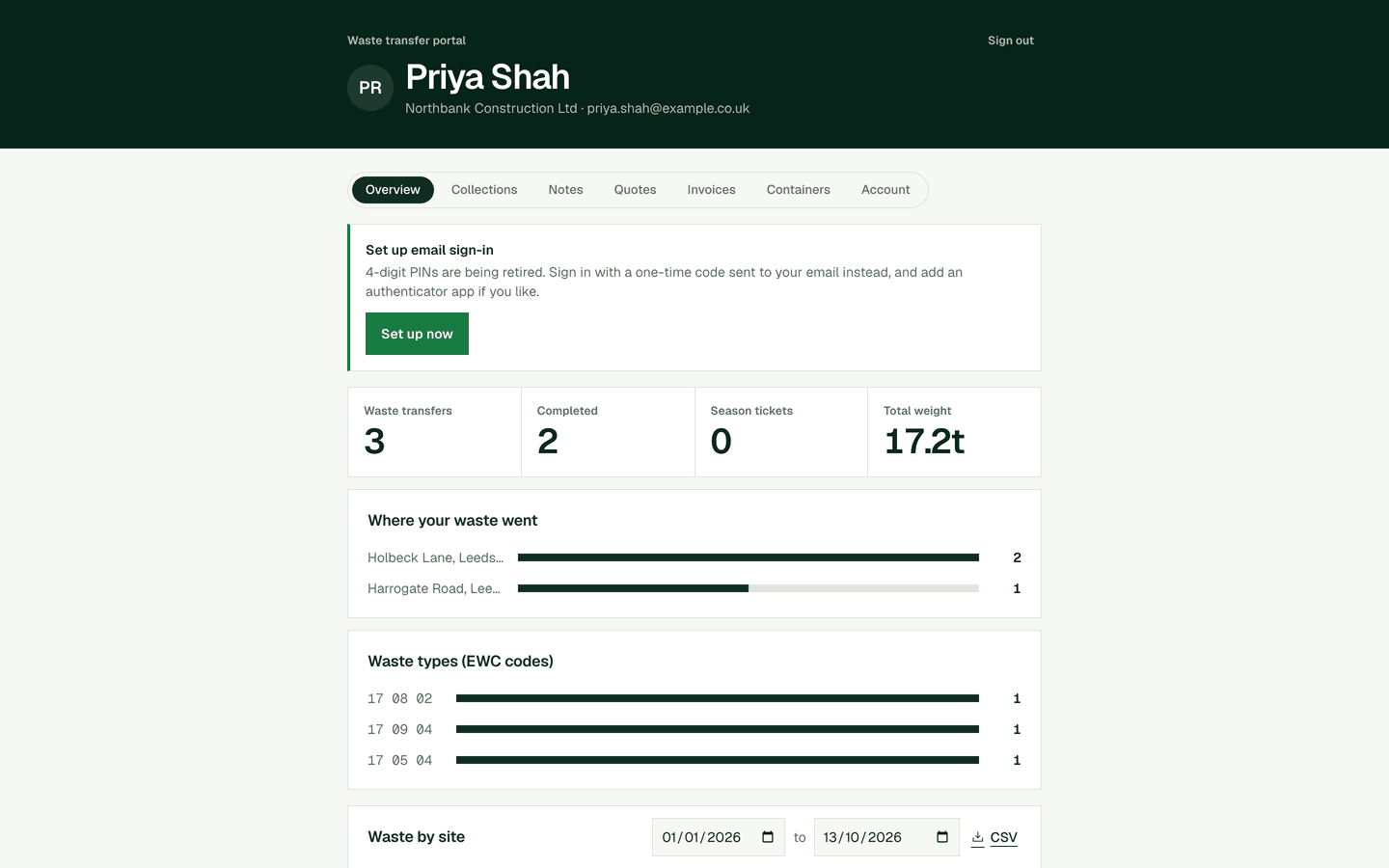 The client portal showing a customer’s waste transfer notes and invoices