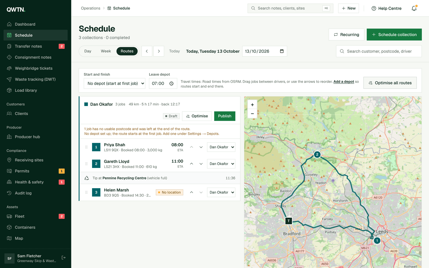 A planned route on a map with ordered stops for one vehicle