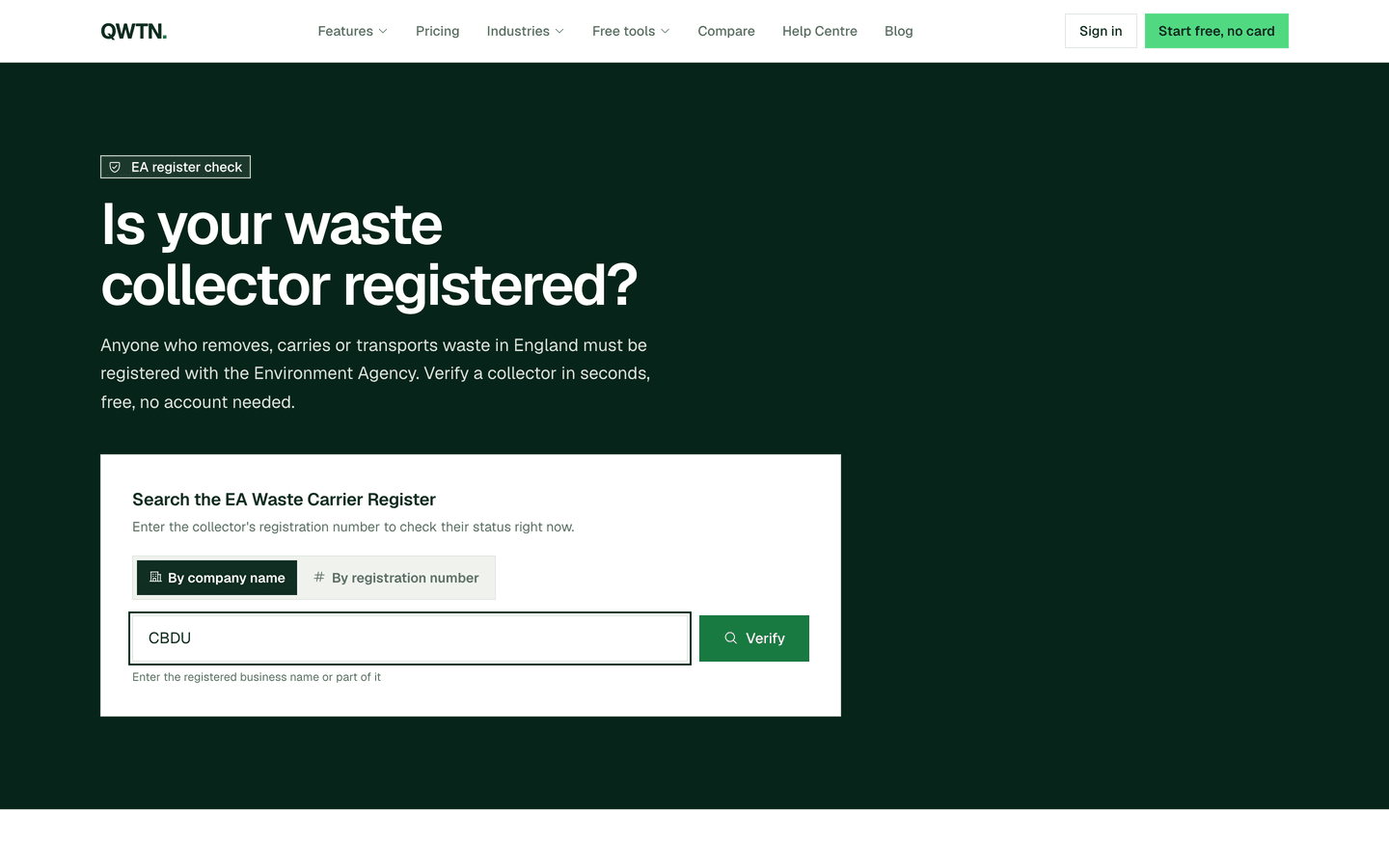 A carrier registration check result from the Environment Agency public register
